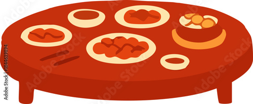 A flat illustration shows a round table set with traditional festive dishes, symbolizing a family reunion meal during Lunar New Year celebrations.