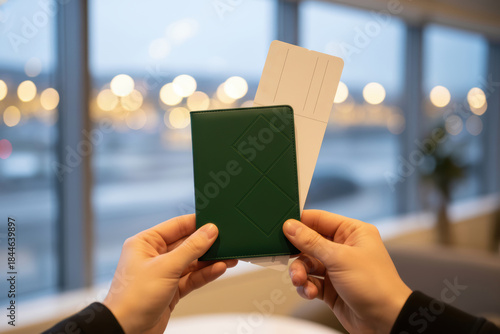 Hands holding passport and boarding pass at airport