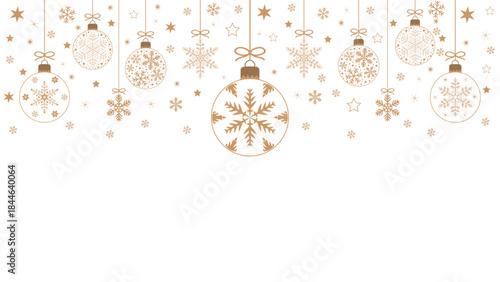 Exquisite Christmas background with hanging golden balls and snowflakes filled with stars on a transparent background, minimalistic design of winter holiday greeting cards or web banners. Vector illus