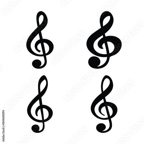 Four black musical treble clef symbols on white background