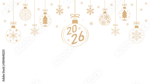 Exquisite Christmas background with hanging golden balls and snowflakes filled with stars on a transparent background, design of winter holiday greeting cards or web banners. Vector illustration.
