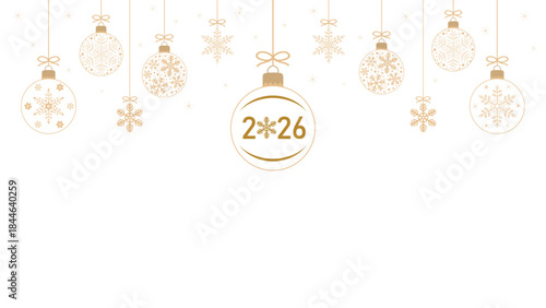 Exquisite Christmas background with hanging golden balls and snowflakes filled with stars on a transparent background, design of winter holiday greeting cards or web banners. Vector illustration.