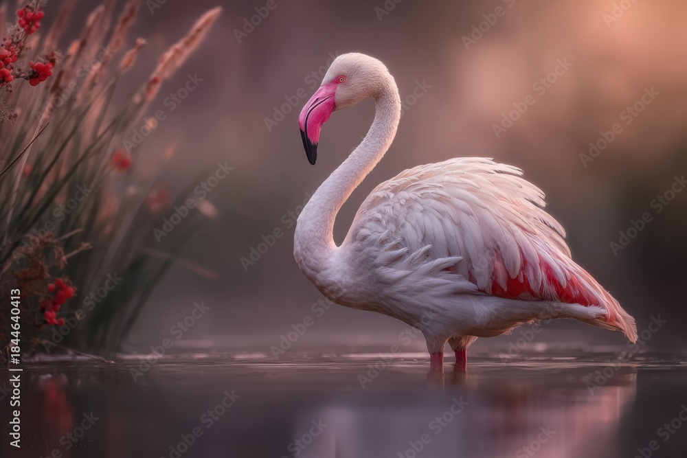Obraz premium A flamingo is wading in shallow water surrounded by grasses and flowers. Morning light shines on its feathers