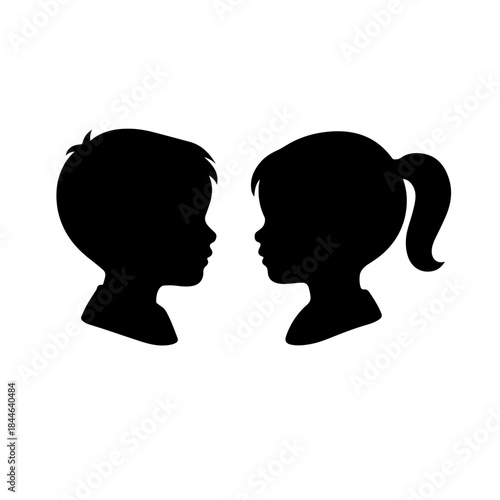 Little boy and girl silhouettes, face profile. Black icons on a white background. Vector characters
