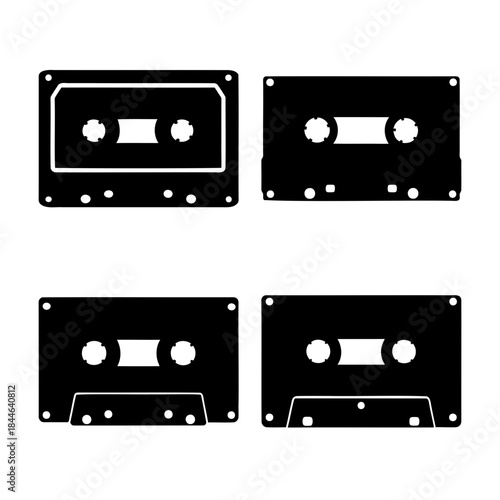 Retro music audio cassette tape silhouette collection set.