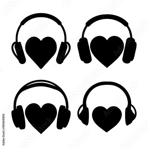 Music love concept with headphone and heart silhouettes