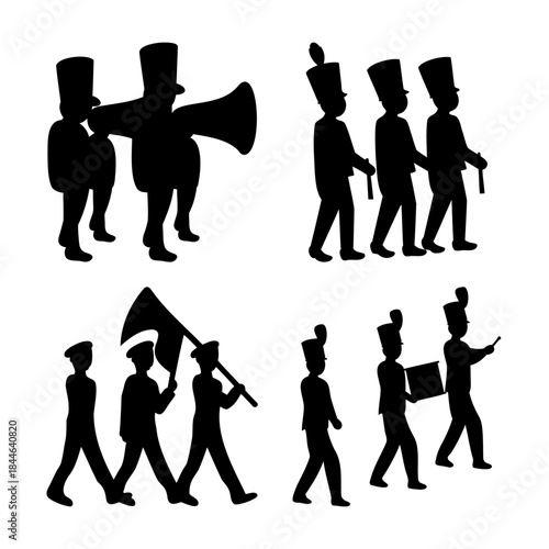 Marching band parade silhouettes vector icon collection set