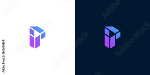 Abstract geometric letter P logo design with gradient blue and purple colors on white and dark backgrounds