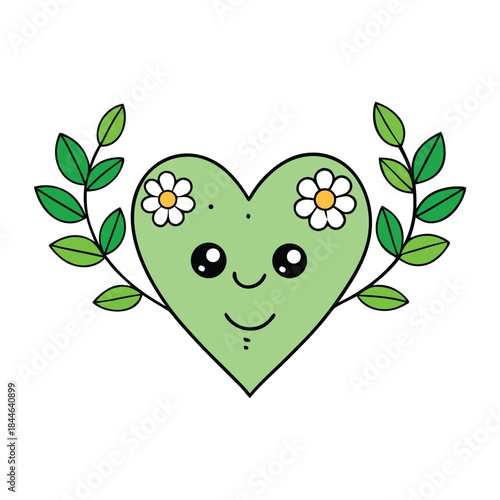 A delicate heart formed from green leaves and colorful flowers, symbolizing love, nature, and harmony, with organic textures and fresh, romantic botanical charm.
