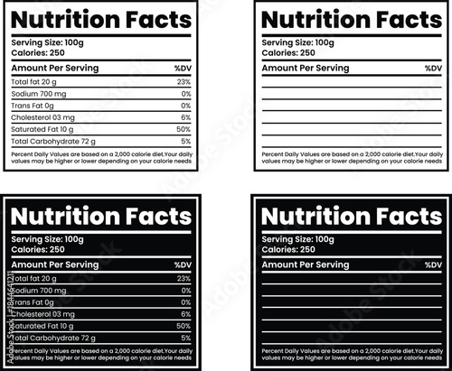 Clean Nutrition Facts Label Design black and white for Food Packaging, Healthy Diet Information Chart, Modern Minimal Nutrition Data Template