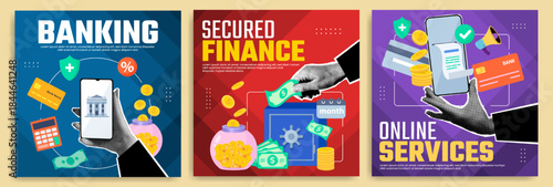 Business finance and digital banking concept social media banner post with halftone hand holding smartphone. Marketing web background idea with mobile phone, money, paper sticker and infographic icon.