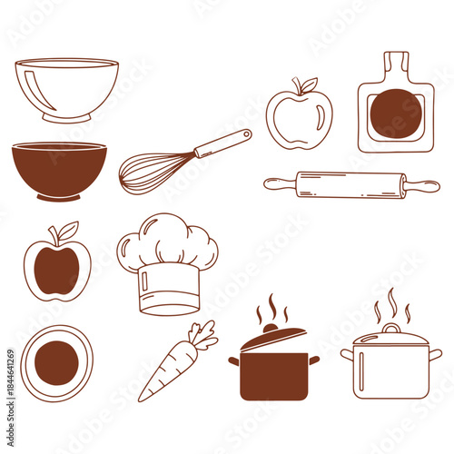 Collection of cooking icons featuring kitchen tools and food items for culinary themes