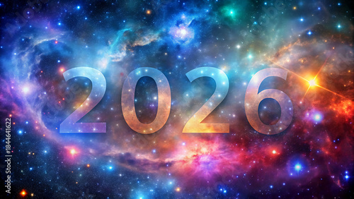 The numerical representation of the year 2026 set against a stunning and colorful universe background