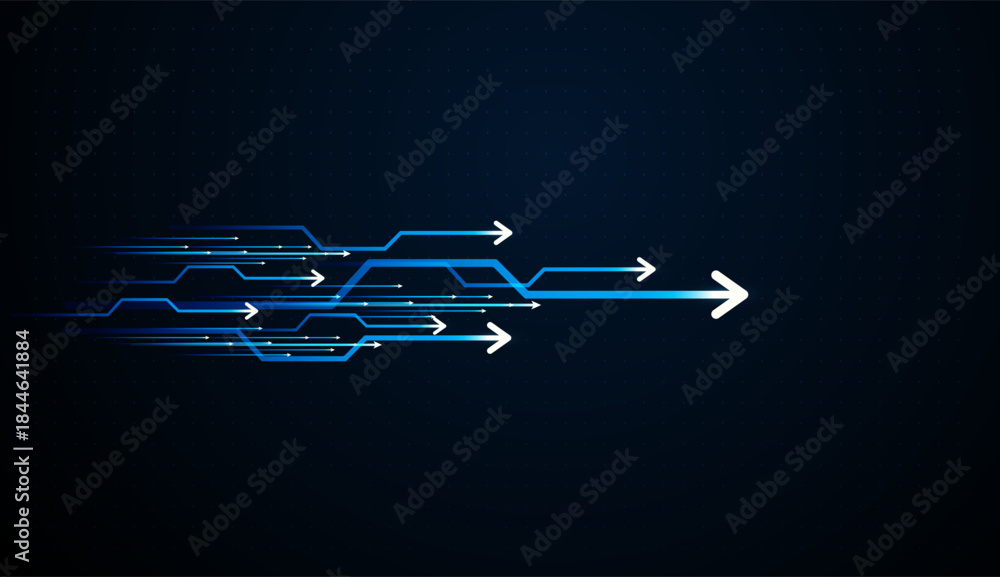 Αυτοκόλλητο Multiple blue arrows moving forward to the stream right, Set of symbolizing arrows fast Moves