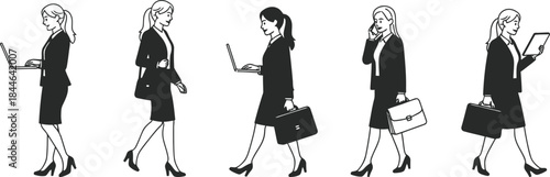 A businesswoman in various professional poses showcasing multitasking and organization