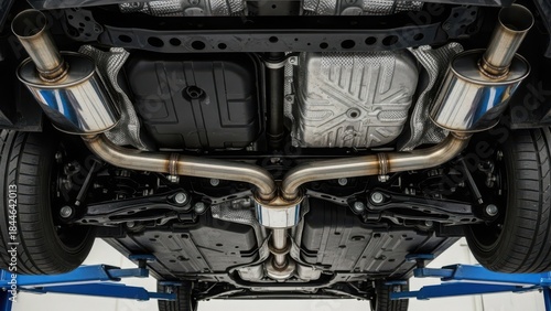 A detailed low-angle view of a car's undercarriage focusing on the dual exhaust system