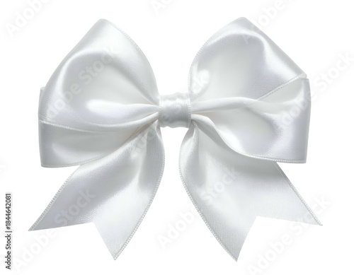 A shiny white silk bow, centered, with long tails and a classic, symmetrical design