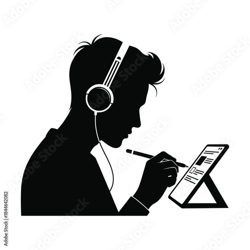 A person wearing headphones and using a tablet with a stylus
