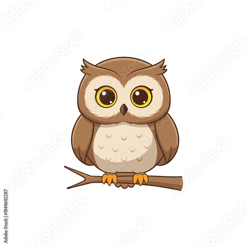 Adorable Little Brown Owl Bird Sitting on a Branch Cartoon Vector Illustration with Big Eyes Isolated on White Background