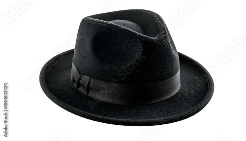 A black felt fedora hat with a ribbon band, isolated against a black background