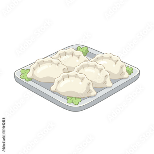 Steamed Chinese Dumplings or Jiaozi on a Square Plate with Garnish Isolated Vector Illustration for Asian Cuisine