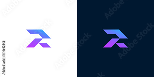 Abstract geometric 'R' logo design with a purple and blue gradient on a white and dark background