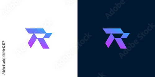 Modern abstract letter R logo design, a futuristic emblem with gradient colors on white and dark backgrounds