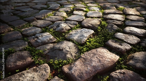 Fototapeta Naklejka Na Ścianę i Meble -  An old cobblestone pavement with uneven stone blocks is covered in small patches of green moss, softly illuminated by natural sunlight.