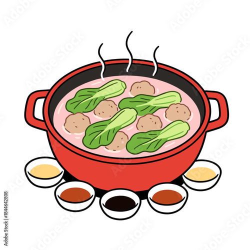 Traditional chinese hot pot dish with meat balls and bok choy vegetables surrounded by dipping sauces vector illustration