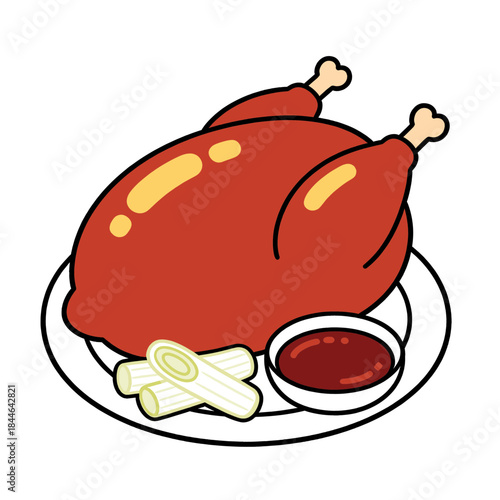 Roasted whole chicken on a plate with dipping sauce and leeks minimalist cartoon vector illustration for holiday food and dinner