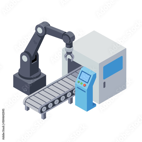 Isometric industrial robotic arm and conveyor belt with control panel minimal vector graphic illustration for manufacturing
