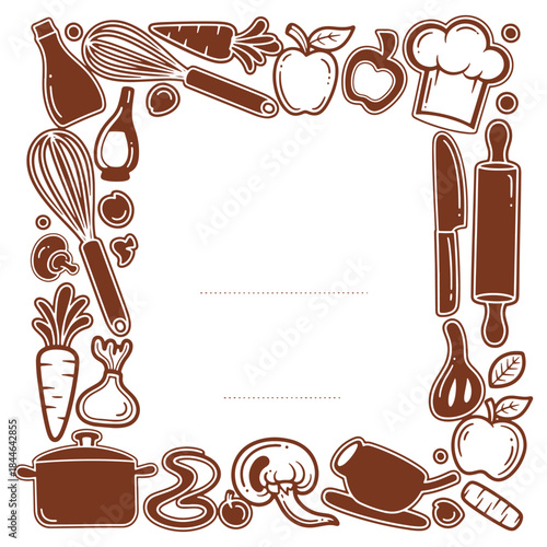 Kitchen tools and ingredients border for cooking recipe design template