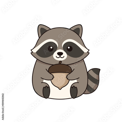 Cute adorable fat raccoon cartoon animal holding an acorn minimalist vector illustration graphic design for children and nature