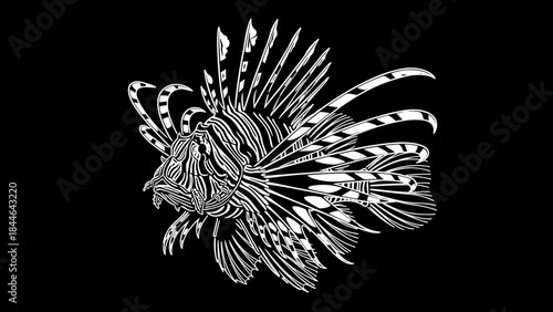 Detailed Black and White Illustration of a Lionfish.