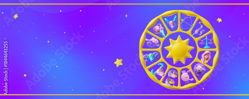 Zodiac wheel on starry sky, space background 3D vector cartoon plastic style, horoscope sign twelve astrological symbols