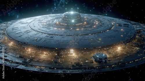 Fototapeta Naklejka Na Ścianę i Meble -  Disc-shaped sci-fi spaceship with futuristic design in deep space surrounded by stars