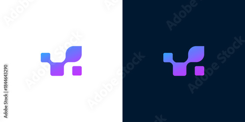 Modern abstract digital technology logo with a gradient of purple and blue hues on white and dark backgrounds