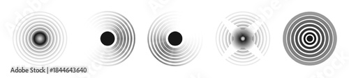 Black concentric circle. Sonar sound wave ring collection. Dotted and linear epicenter concept. Ripple radial vibration elements. Vector