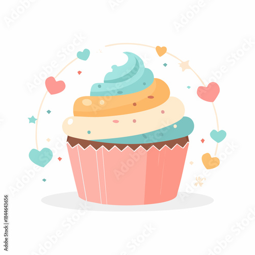 Sweet Delight A Whimsical Cupcake adorned with Swirls of Frosting and Charming Heart Accents