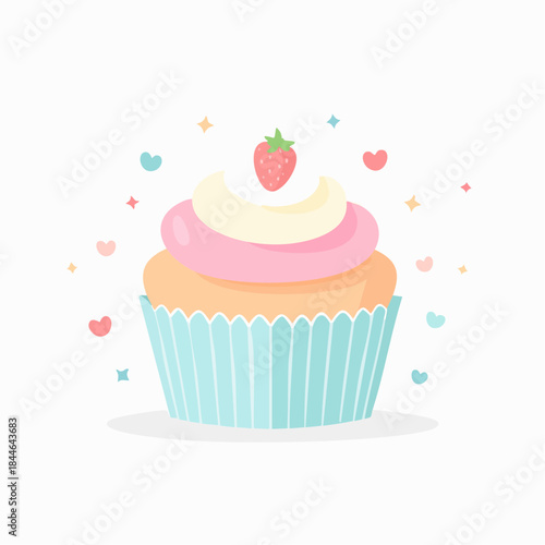 Delicious and charming cupcake illustration featuring creamy frosting, a fresh strawberry, and whimsical hearts and stars, perfect for sweet celebrations and joyful occasions on a clean background