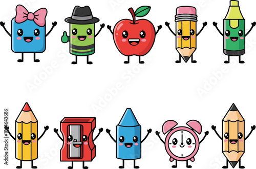 Cartoon school supplies with happy faces, colorful characters, educational theme, kids stationery set, fun classroom objects - flat vector illustration