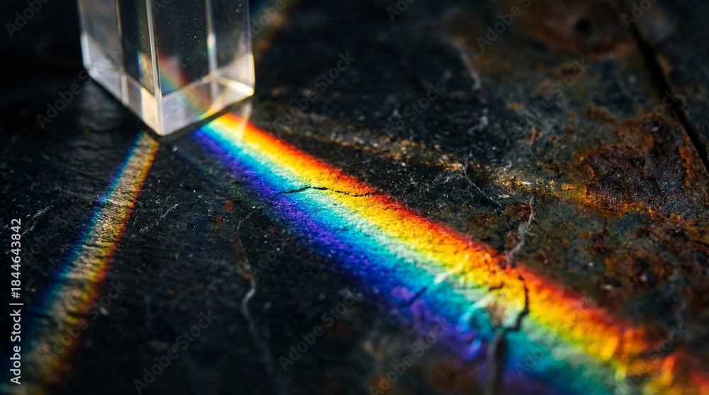 Obraz premium Crystal prism refracting light into a vibrant rainbow spectrum on a dark textured surface