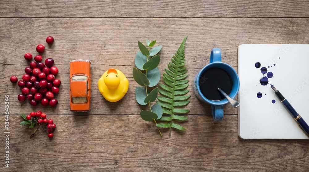 Fototapeta premium Colorful Everyday Objects and Natural Elements Arranged on a Rustic Wooden Surface