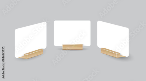 Card table menu holder stand mockup. Paper flyer mock up template. Event promotion wooden frame. Restaurant label. Vector