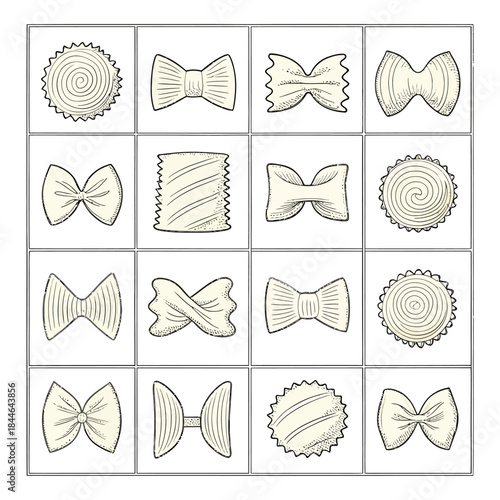 Assortment of Pasta Shapes Hand Drawn Illustration Keywords: pasta, italian food, dry pasta, bow