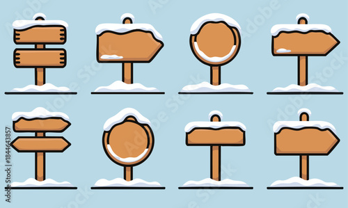 wood signs planks covered with snow, blank winter sign boards collection