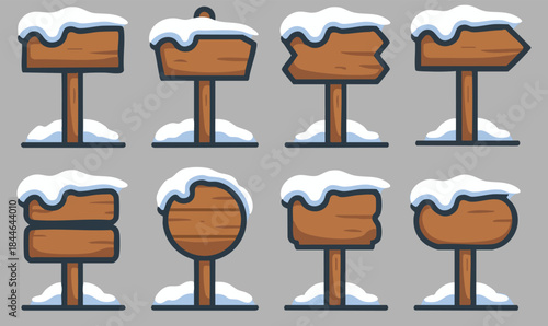 wood signs planks covered with snow, blank winter sign boards collection