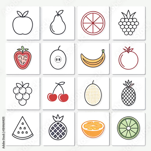 Collection of stylized fruit illustrations in a grid