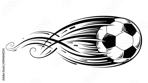 Soccer ball in motion: a high-speed illustration of a soccer ball streaks through the air, leaving a dynamic trail, representing the thrill of the game and powerful speed.