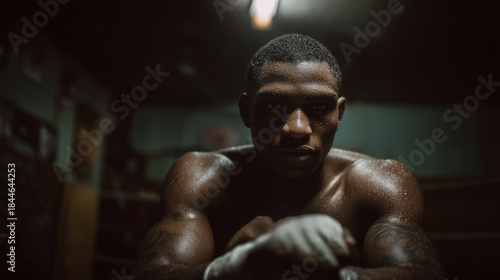 Black teenage boxer training alone in a quiet gym after hours. Gritty, focused, and emotionally powerful boxing moment. Young sportsman, talented boxer training for strenght and power.